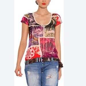 NWOT Desigual Short Sleeves Viatri Top with Printed Detail